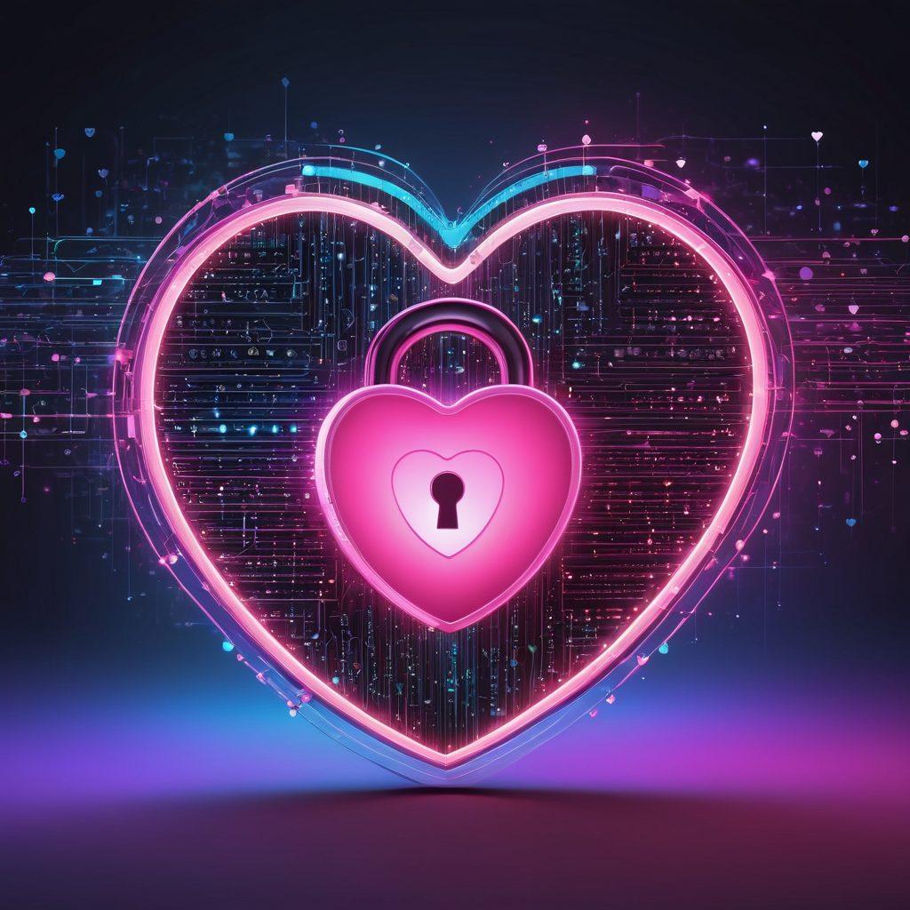 A heart symbol intertwined with a digital padlock, representing love and cybersecurity. The background features a network of binary code and glowing lines to illustrate the digital world. Include soft pastel colors to evoke warmth and passion, while ensuring a modern tech feel. Overlay floating icons of love hearts and security shields. vibrant colors. 3D.