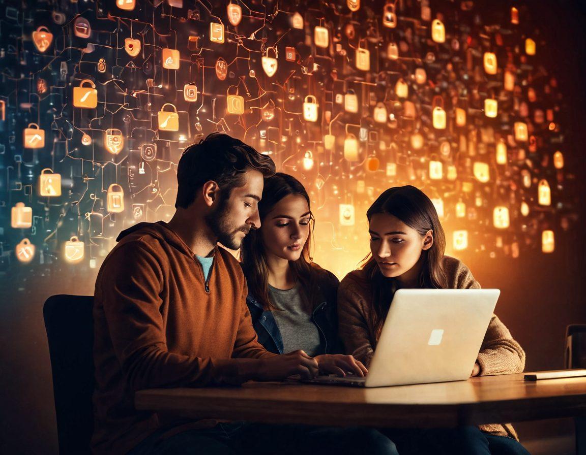 A couple in a cozy, dimly lit room, sharing a virtual moment through a glowing laptop screen, surrounded by digital security icons like locks and shields to signify protection. The atmosphere should feel warm and intimate, with soft shadows and contrasting light. Include abstract representations of the internet, like floating data streams in the background. super-realistic. warm colors. soft focus.