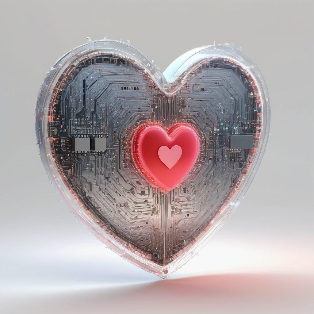 A digital shield encasing a heart, symbolizing love protected against cyber threats, with binary code and circuit patterns in the background. Soft romantic colors blend with tech elements, suggesting a harmony between romance and technology. Include a couple holding hands, surrounded by glowing data streams signifying resilience in relationships. super-realistic. vibrant colors. white background.